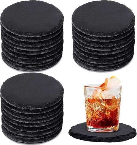 60 Pieces Round Slate Coasters Bulk 4 x 4 Inch Black Slate Stone Coasters Slate Drink Coasters Bar Coasters Cup Coaster with Anti Scratch Bottom for Kitchen Drinks Table Bar Home in Saudi Arabia
