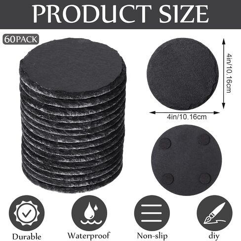 60 Pieces Round Slate Coasters Bulk 4 x 4 Inch Black Slate Stone Coasters Slate Drink Coasters Bar Coasters Cup Coaster with Anti Scratch Bottom for Kitchen Drinks Table Bar Home in Saudi Arabia