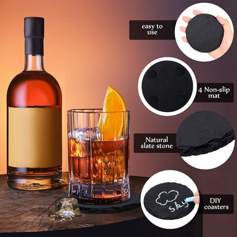 60 Pieces Round Slate Coasters Bulk 4 x 4 Inch Black Slate Stone Coasters Slate Drink Coasters Bar Coasters Cup Coaster with Anti Scratch Bottom for Kitchen Drinks Table Bar Home in Saudi Arabia