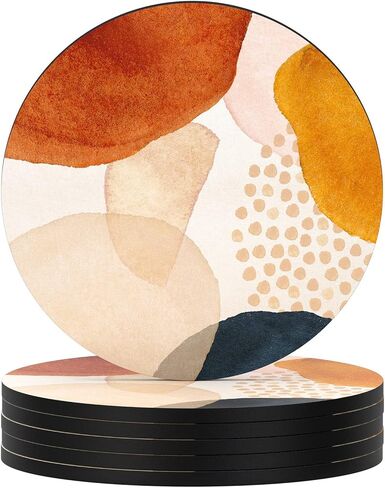 Nipichsha Coasters for Drinks, Set of 6 Absorbent Rubber Drink Coasters with Non-Slip Backing, Cute Drink Coasters for Cup Kitchen Home Decor Housewarming Gift, Round 4", Abstract Boho Leaf in Saudi Arabia
