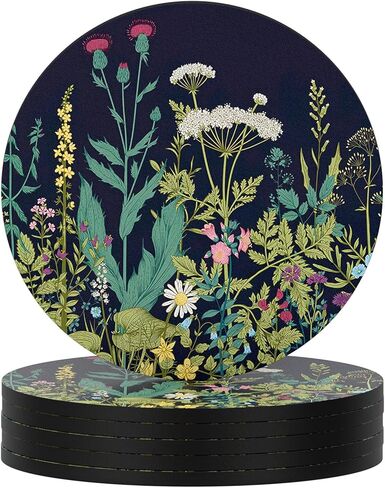 Nipichsha Coasters for Drinks, Set of 6 Absorbent Rubber Drink Coasters with Non-Slip Backing, Cute Drink Coasters for Cup Kitchen Home Decor Housewarming Gift, Round 4", Abstract Boho Leaf in Kuwait