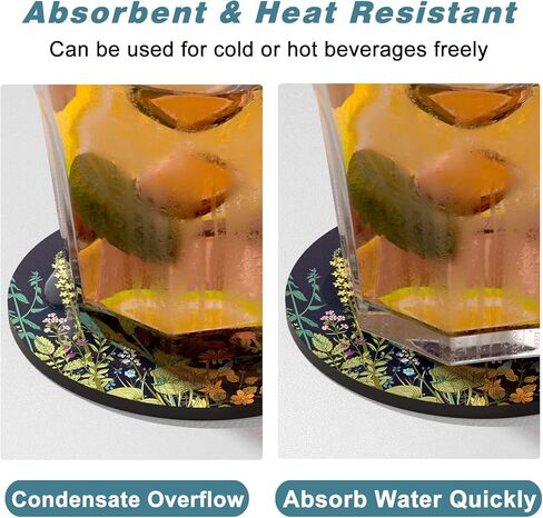 Nipichsha Coasters for Drinks, Set of 6 Absorbent Rubber Drink Coasters with Non-Slip Backing, Cute Drink Coasters for Cup Kitchen Home Decor Housewarming Gift, Round 4", Abstract Boho Leaf in Kuwait