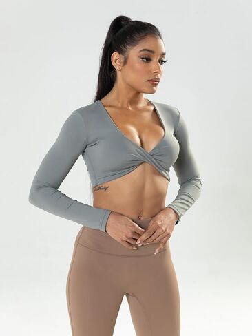 Shed Long Sleeve Crop Tops for Women Asana Twist Deep V Workout Crop T Shirt Top in Saudi Arabia