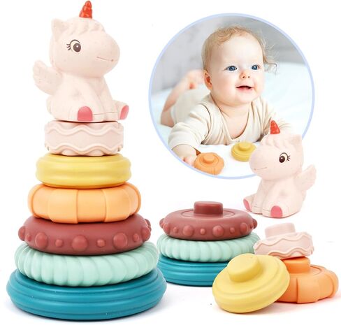 Stacking & Nesting Baby Toys: Squeeze Teething Baby Toys and Building Circle with Dinosaur Figure - Newborn Essentials for 6 12 18 Months Baby Toddler Boys 7 Pcs in Saudi Arabia