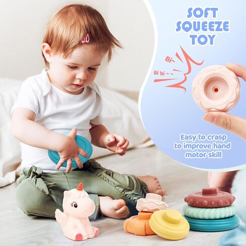 Stacking & Nesting Baby Toys: Squeeze Teething Baby Toys and Building Circle with Dinosaur Figure - Newborn Essentials for 6 12 18 Months Baby Toddler Boys 7 Pcs in Saudi Arabia