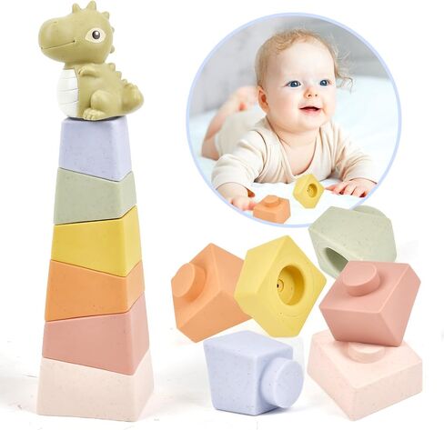 Stacking & Nesting Baby Toys: Squeeze Teething Baby Toys and Building Circle with Dinosaur Figure - Newborn Essentials for 6 12 18 Months Baby Toddler Boys 7 Pcs in Saudi Arabia