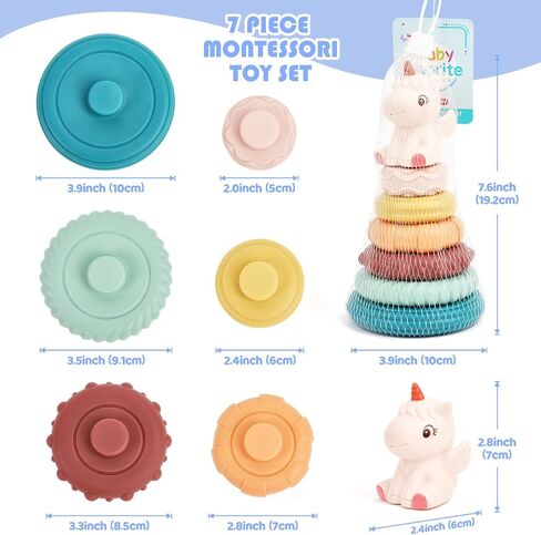 Stacking & Nesting Baby Toys: Squeeze Teething Baby Toys and Building Circle with Dinosaur Figure - Newborn Essentials for 6 12 18 Months Baby Toddler Boys 7 Pcs in Saudi Arabia
