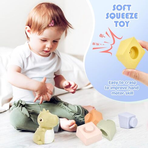 Stacking & Nesting Baby Toys: Squeeze Teething Baby Toys and Building Circle with Dinosaur Figure - Newborn Essentials for 6 12 18 Months Baby Toddler Boys 7 Pcs in Saudi Arabia