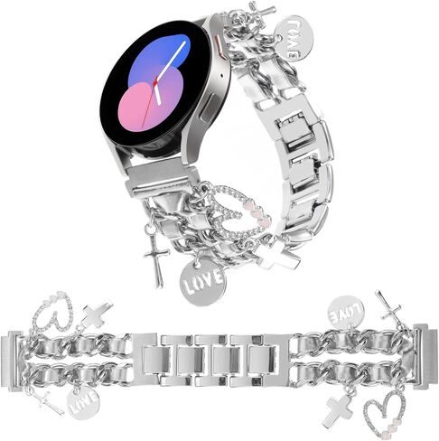 20MM Stylish Metal Watch Band Compatible with Samsung Galaxy Watch 6 5 4 40/44mm,Watch 4 Classic 42/46mm,Watch 3 41mm,Active 2,Gear S2 Classic,Cuban Chain Wristband with Cute Pendants for Women in Saudi Arabia