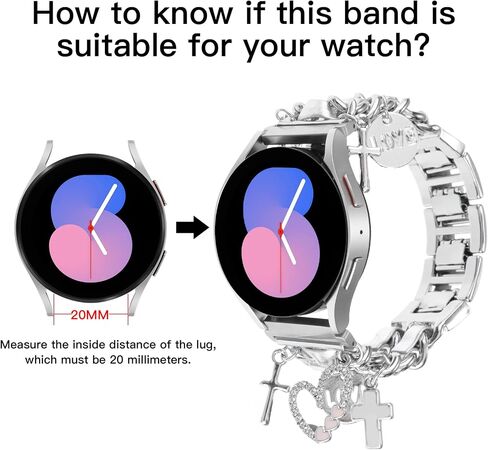 20MM Stylish Metal Watch Band Compatible with Samsung Galaxy Watch 6 5 4 40/44mm,Watch 4 Classic 42/46mm,Watch 3 41mm,Active 2,Gear S2 Classic,Cuban Chain Wristband with Cute Pendants for Women in Saudi Arabia