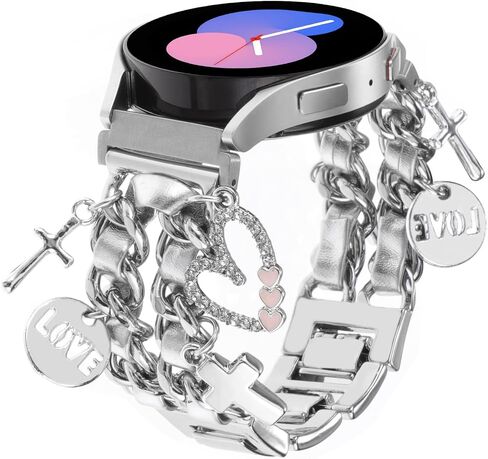 20MM Stylish Metal Watch Band Compatible with Samsung Galaxy Watch 6 5 4 40/44mm,Watch 4 Classic 42/46mm,Watch 3 41mm,Active 2,Gear S2 Classic,Cuban Chain Wristband with Cute Pendants for Women in Saudi Arabia