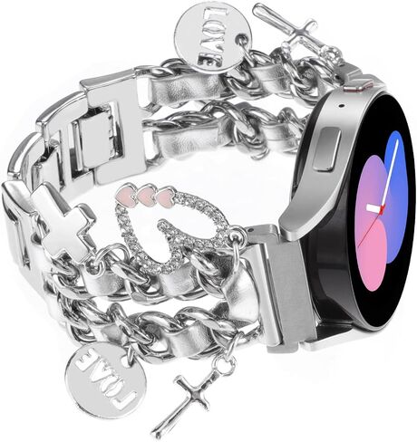 20MM Stylish Metal Watch Band Compatible with Samsung Galaxy Watch 6 5 4 40/44mm,Watch 4 Classic 42/46mm,Watch 3 41mm,Active 2,Gear S2 Classic,Cuban Chain Wristband with Cute Pendants for Women in Saudi Arabia