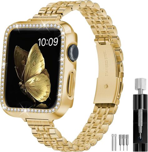 SEURE Slim Stainless Steel Band Compatible with Apple Watch Bands 38mm 40mm 41mm 42mm 44mm 45mm 49mm, Women Metal Straps with Case for iWatch Bands Series 9 8 7 6 5 4 3 2 1 SE in Saudi Arabia