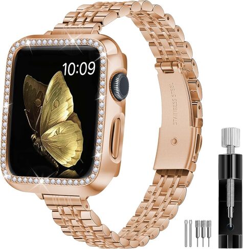 SEURE Slim Stainless Steel Band Compatible with Apple Watch Bands 38mm 40mm 41mm 42mm 44mm 45mm 49mm, Women Metal Straps with Case for iWatch Bands Series 9 8 7 6 5 4 3 2 1 SE in Saudi Arabia