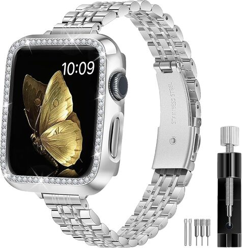 SEURE Slim Stainless Steel Band Compatible with Apple Watch Bands 38mm 40mm 41mm 42mm 44mm 45mm 49mm, Women Metal Straps with Case for iWatch Bands Series 9 8 7 6 5 4 3 2 1 SE in Saudi Arabia