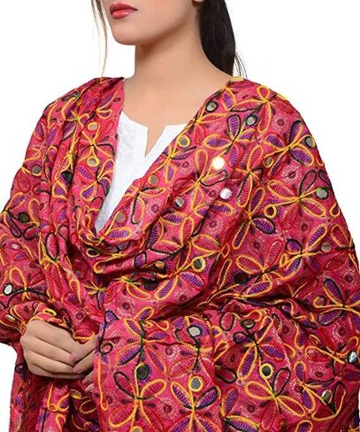 Trend Rajasthani Women's Cotton Mirror Sippi Work Phulkari Heavy Dupatta, Kutch Work Embroidery Scarf for Women. in Saudi Arabia