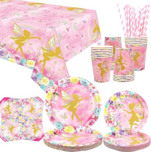 Fairy Party Supplies - Fairy Party Tableware - Dinner Plates Desserts Plates Cups Napkins Tablecover Straws for Pink Fairy Flower Girls Princess Butterfly Birthday Party Decorations, Serves 20 (20) in Saudi Arabia