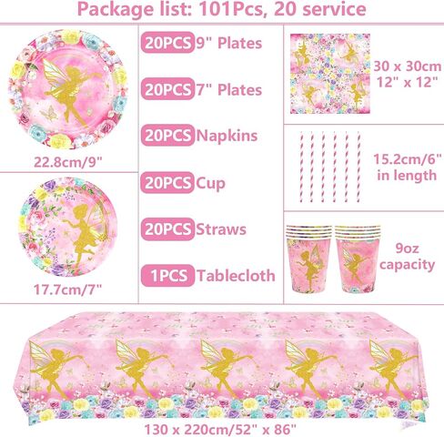 Fairy Party Supplies - Fairy Party Tableware - Dinner Plates Desserts Plates Cups Napkins Tablecover Straws for Pink Fairy Flower Girls Princess Butterfly Birthday Party Decorations, Serves 20 (20) in Saudi Arabia