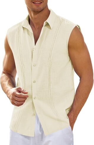 قمصان Hestenve الرجالية الكوبية Guayabera من الكتان بدون أكمام وأزرار لأعلى، قميص صيفي كاجوال للشاطئ in Kuwait