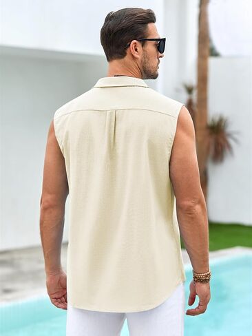 قمصان Hestenve الرجالية الكوبية Guayabera من الكتان بدون أكمام وأزرار لأعلى، قميص صيفي كاجوال للشاطئ in Kuwait