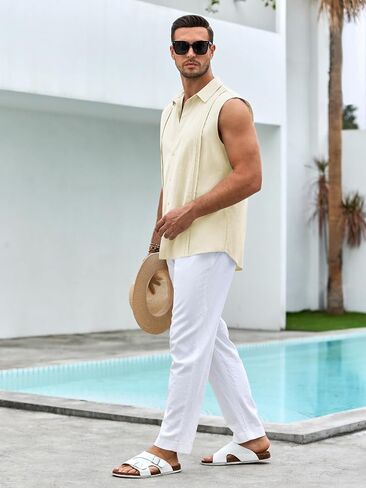 قمصان Hestenve الرجالية الكوبية Guayabera من الكتان بدون أكمام وأزرار لأعلى، قميص صيفي كاجوال للشاطئ in Kuwait