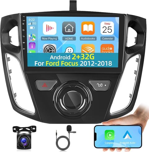 ستيريو سيارة لفورد فوكس 2012-2018 مع Carplay اللاسلكي وAndroid Auto، 2+32G 9 بوصة تعمل باللمس راديو السيارة Android، DSP/GPS/WiFi/SWC + كاميرا احتياطية AHD وميكروفون in Saudi Arabia