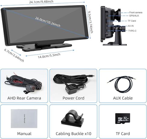 ستيريو سيارة Apple Carplay & Android Auto لاسلكي محمول، راديو سيارة بشاشة لمس 10.26 بوصة مع كاميرا داش 2K، كاميرا احتياطية 1080P، بلوتوث، FM، وصلة مرآة، كابل AUX، بطاقة TF 32 جيجا in Kuwait