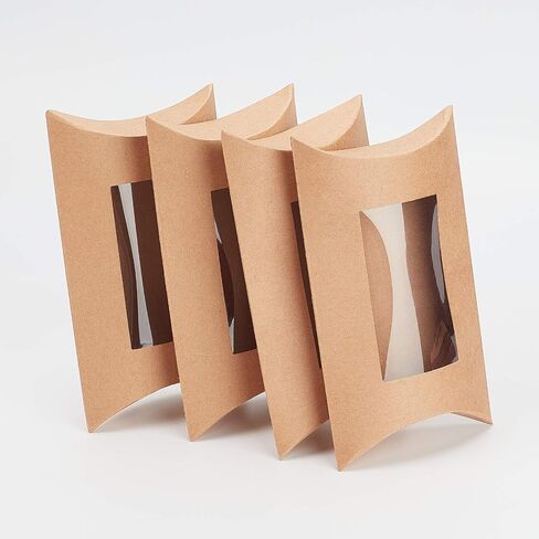 BENECREAT 20pcs 6.8x3.9x1.5 Inches Brown Kraft Pillow Boxes Paper Window Box for Candy Cokkie Treats and Birthday Wedding Party Favors in Saudi Arabia