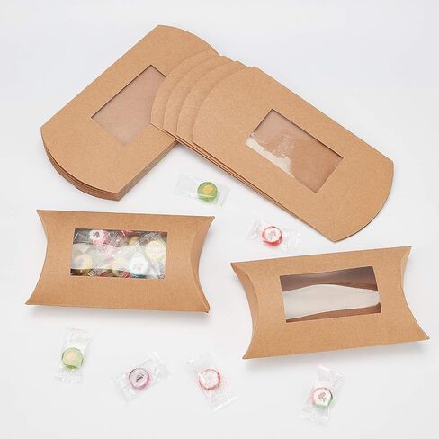 BENECREAT 20pcs 6.8x3.9x1.5 Inches Brown Kraft Pillow Boxes Paper Window Box for Candy Cokkie Treats and Birthday Wedding Party Favors in Saudi Arabia