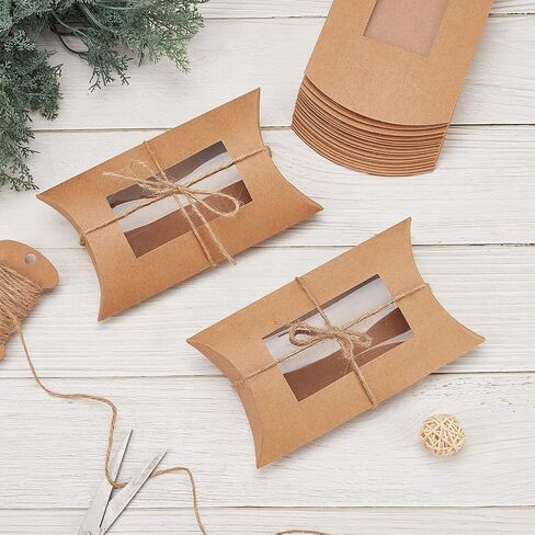BENECREAT 20pcs 6.8x3.9x1.5 Inches Brown Kraft Pillow Boxes Paper Window Box for Candy Cokkie Treats and Birthday Wedding Party Favors in Saudi Arabia