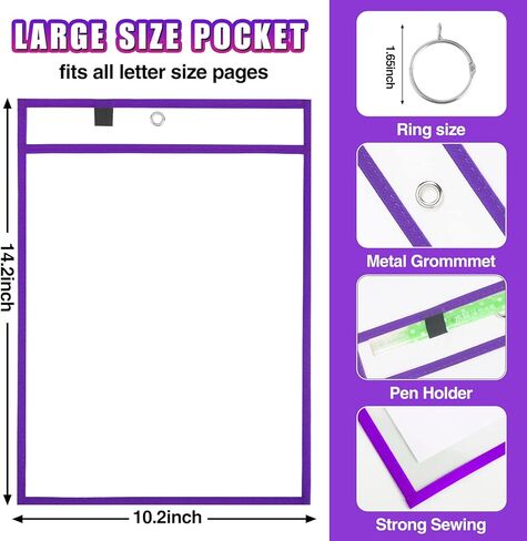 مجموعة من 30 قطعة من أكمام الجيب القابلة للمسح الجاف كبيرة الحجم من Shemira مع حلقتين، وحاملات تذاكر قابلة لإعادة الاستخدام، وواقيات أوراق بلاستيكية شفافة، ومستلزمات الفصول المدرسية للمعلمين، و10 ألوان متنوعة، 14.2 × 10.2 بوصة in Kuwait