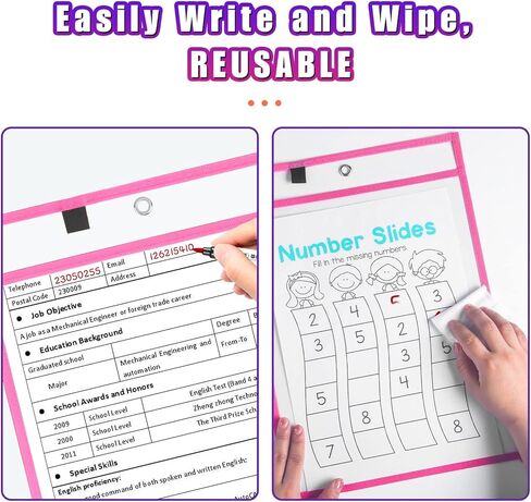 مجموعة من 30 قطعة من أكمام الجيب القابلة للمسح الجاف كبيرة الحجم من Shemira مع حلقتين، وحاملات تذاكر قابلة لإعادة الاستخدام، وواقيات أوراق بلاستيكية شفافة، ومستلزمات الفصول المدرسية للمعلمين، و10 ألوان متنوعة، 14.2 × 10.2 بوصة in Kuwait