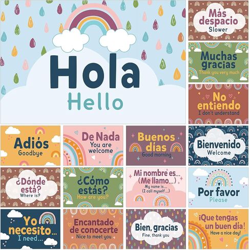 16 Pcs Spanish Posters Spanish Words and Phrases Posters Spanish English Classroom Decorations Set Spanish Bulletin Board Educational Study Materials for Teachers Kids Preschool Primary (Boho) in Saudi Arabia