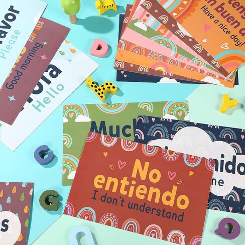 16 Pcs Spanish Posters Spanish Words and Phrases Posters Spanish English Classroom Decorations Set Spanish Bulletin Board Educational Study Materials for Teachers Kids Preschool Primary (Boho) in Saudi Arabia