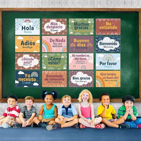 16 Pcs Spanish Posters Spanish Words and Phrases Posters Spanish English Classroom Decorations Set Spanish Bulletin Board Educational Study Materials for Teachers Kids Preschool Primary (Boho) in Saudi Arabia