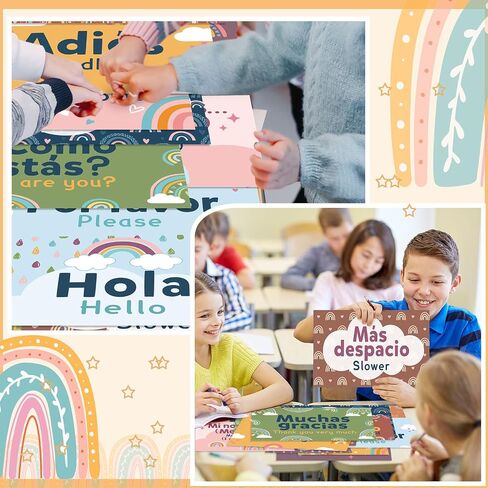 16 Pcs Spanish Posters Spanish Words and Phrases Posters Spanish English Classroom Decorations Set Spanish Bulletin Board Educational Study Materials for Teachers Kids Preschool Primary (Boho) in Saudi Arabia