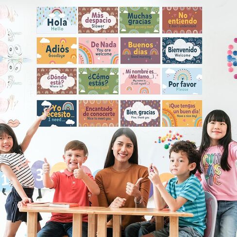 16 Pcs Spanish Posters Spanish Words and Phrases Posters Spanish English Classroom Decorations Set Spanish Bulletin Board Educational Study Materials for Teachers Kids Preschool Primary (Boho) in Saudi Arabia