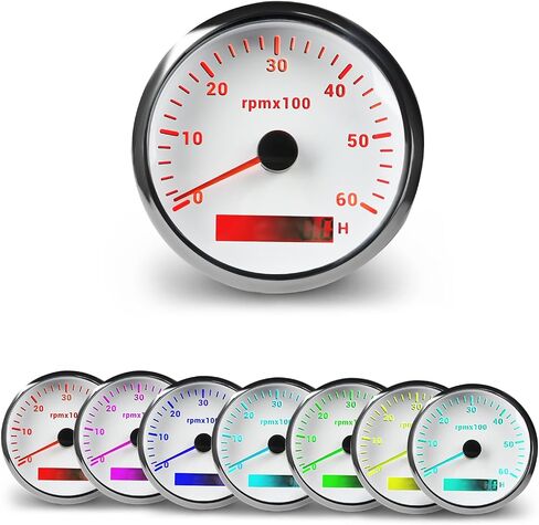 مجموعة أدوات قياس سرعة الدوران من WATERWICH 85 مم 3.34 بوصة للقوارب البحرية RPM 0-6000 7 ألوان لسيارة الشاحنة الآلية (أبيض) in Saudi Arabia