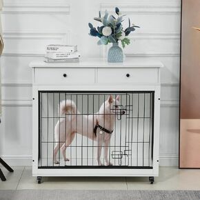 Okak Dog Crate Furniture Style Dog Cage Side Table With Drawers Wooden Dog Crate With Double Sliding Iron Doors Dog Kennel Indoor For Medium/Large Dog,Grey,29.92" L