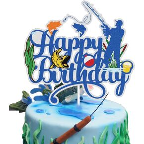 Gone Fishing Happy Birthday Cake Topper Party Supplies Blue Glitter Little Fisherman Seaweed Fish Hook Cake Decoration Bobber Fish Man Fishery Pole Fisher for Kids Boys Man