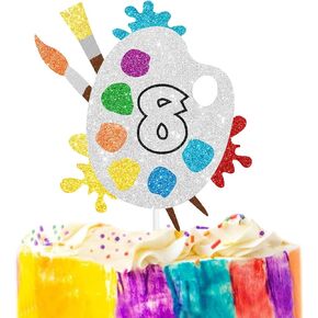 8th Slime Cake Topper - Art Themed Palette Painting Graffi Boy Girl Happy Birthday Party Decorations Supplies - Eight Years Old Birthday Cake Decor