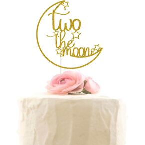 Two The Moon Cake Topper - Baby Shower / 2nd Birthday Party Decorations Supplies Gold Glitter