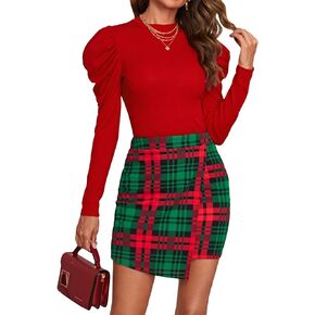 Floerns Women's 2 Piece Outfit Gigot Sleeve Tee Plaid Asymmetrical Hem Skirt Set