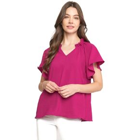Entro Women's MAGENTA Flutter Sleeve Ruffled Blouse Top Tunic