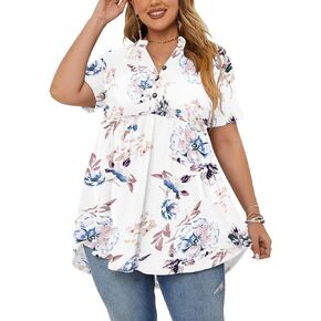 PLOKNRD Women's Plus Size Tops Short Sleeve Henley V Neck Button Up Flowy T Shirts Tunic Loose Blouses Flower White