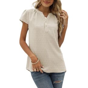 Women's Casual Short Tunic - 2024 Summer Loose Fit Dessy Tops Beach Shirt Swiss Dot V-Neck T-shirts Blouse