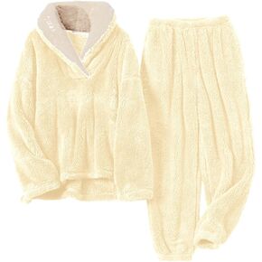 Womens Fluffy Pajamas Set Fleece Pullover Pants Oversized Plush Sleepwear