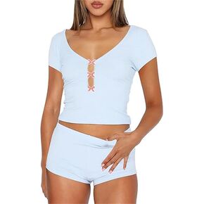 Women 's 2 Piece Ribbed Knit Pajama Outfits Short Sleeve Button Up Crop Top and Bodycon Shorts PJ Lounge Set Sleepwear