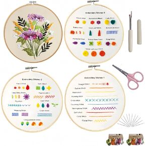 Merry'd rotation Embroidery kit for Beginners，Embroidery Stitch Practice Kit Includes Stamped Pattern Tools Easy to Follow Instruction,Easy Needlepoint Kits（3 pcs Needlepoint 1 pcs Flower） in Saudi Arabia