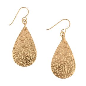 Small Damask Embossed Bronze Long Teardrop Earrings